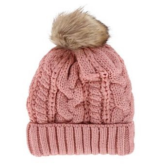 CTM Women's Cable Knit Lined Winter Beanie with Synthetic Fur Pom