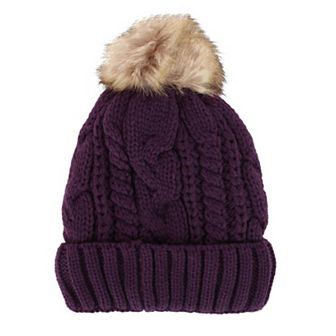 CTM Women's Cable Knit Lined Winter Beanie with Synthetic Fur Pom