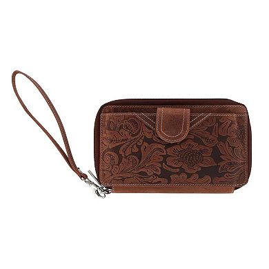 CTM Women's Embossed Floral Tooled Leather Wristlet