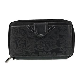 CTM Women's Embossed Floral Tooled Leather Wristlet