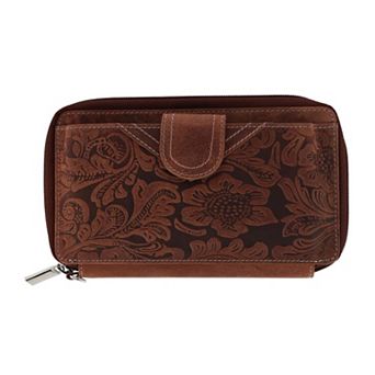 CTM Women's Embossed Floral Tooled Leather Wristlet
