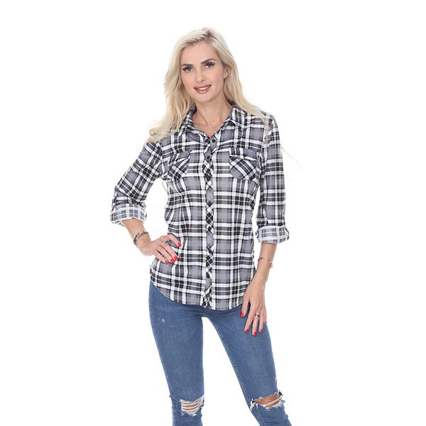 Plaid Button Down Top with Solid Detachable Hood