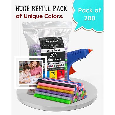 200 Pack Hot Glue Sticks, Mini Sticks, Gold Black Yellow Pink Red Purple