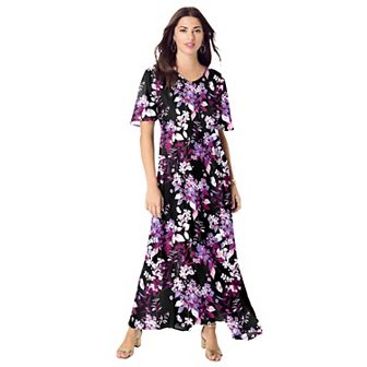 Roaman's Women's Plus Size Plus Size Hand Crinkled Flutter-Sleeve Maxi Dress