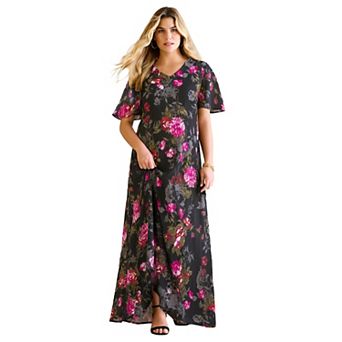 Roaman's Women's Plus Size Hand Crinkled Flutter-Sleeve Maxi Dress