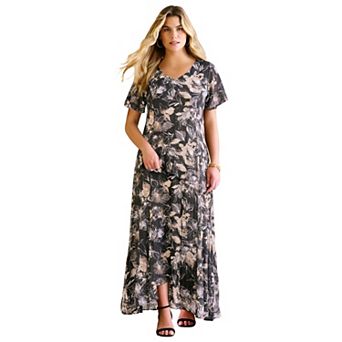 Roaman's Women's Plus Size Hand Crinkled Flutter-Sleeve Maxi Dress