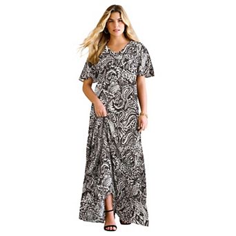 Roaman's Women's Plus Size Hand Crinkled Flutter-Sleeve Maxi Dress