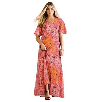 Roaman's Women's Plus Size Hand Crinkled Flutter-Sleeve Maxi Dress