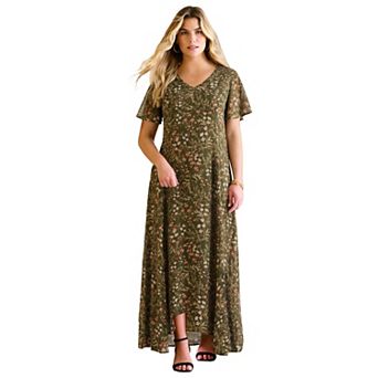 Roaman's Women's Plus Size Hand Crinkled Flutter-Sleeve Maxi Dress