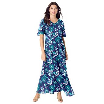 Roaman's Women's Plus Size Plus Size Hand Crinkled Flutter-Sleeve Maxi Dress