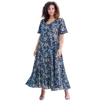 Roaman's Women's Plus Size Hand Crinkled Flutter-Sleeve Maxi Dress