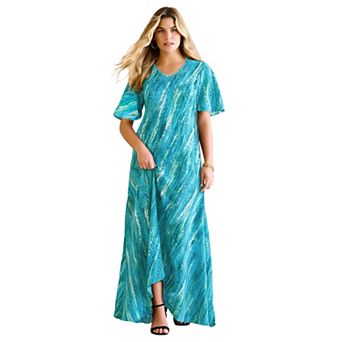 Roaman's Women's Plus Size Hand Crinkled Flutter-Sleeve Maxi Dress