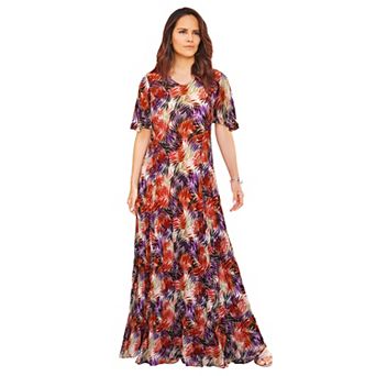 Roaman's Women's Plus Size Plus Size Hand Crinkled Flutter-Sleeve Maxi Dress