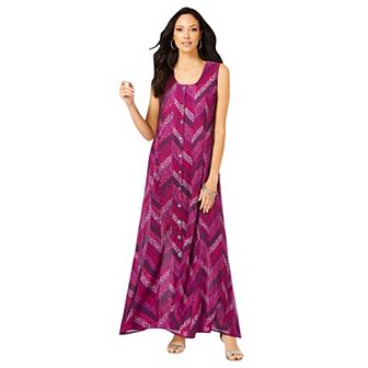 Roaman's Women's Plus Size Plus Size Sleveless Hand-Crinkled Button-Front A-Line Maxi Curvy Breezy