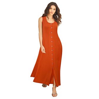 Roaman's Women's Plus Size Plus Size Sleveless Hand-Crinkled Button-Front A-Line Maxi Curvy Breezy