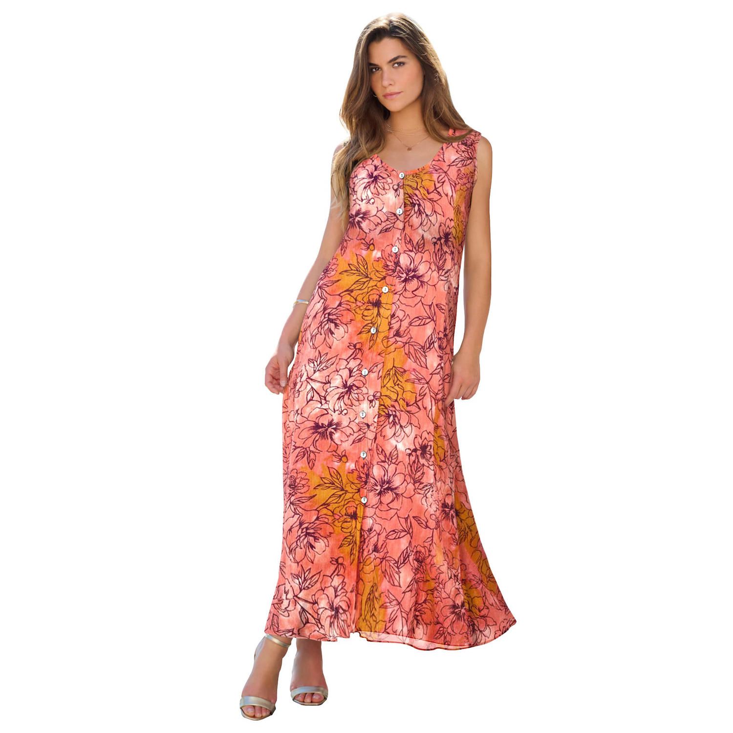 Женские платья Roaman's Plus Size Sleveless Hand-Crinkled Button-Front A-Line Maxi Curvy Breezy Dress