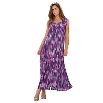 Roaman's Women's Plus Size Sleveless Hand-Crinkled Button-Front A-Line Maxi Curvy Breezy Dress