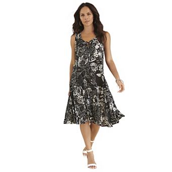 Roaman's Women's Plus Size Petite Hand-Crinkled A-Line Dress With Tassel Ties
