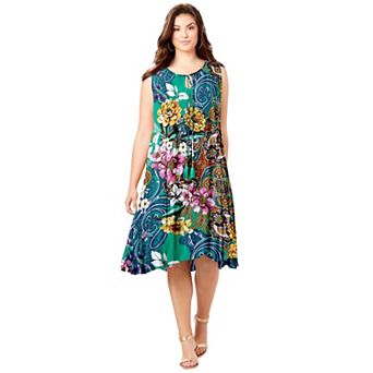 Roaman's Women's Plus Size Petite Hand-Crinkled A-Line Dress With Tassel Ties