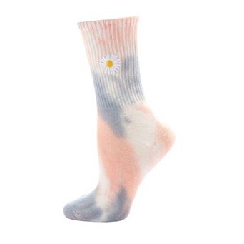 Women's Daisy Embroidered Tie Dye Ribbed Crew Sock