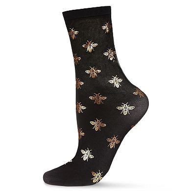 Women's Gold Foil Beautiful Bee Sheer Fashion Crew Sock