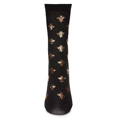 Women's Gold Foil Beautiful Bee Sheer Fashion Crew Sock