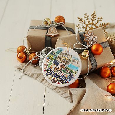 Artistic Tropical Barbados Landmarks and Beaches Ornament, Caribbean Christmas Souvenir, Circle