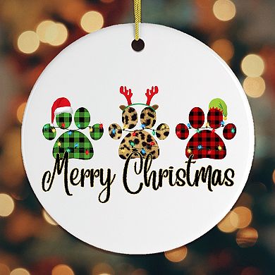 Cat Paw Plaid Prints Merry Christmas Ornament, Circle Version