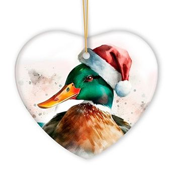 Watercolor Mallard Duck Christmas Ornament, Heart Version