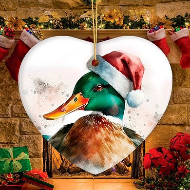 Watercolor Mallard Duck Christmas Ornament, Heart Version