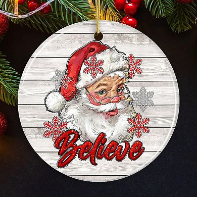 Vintage Believe Santa Christmas Ornament, Circle Version 1