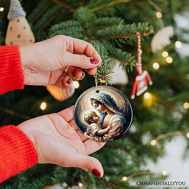 Virgin Mary and Baby Jesus Gentle Embrace Ceramic Ornament, Iconic Oil Painting Gift And Decor