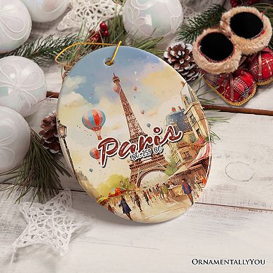 Elegant Watercolor Eiffel Tower Paris Artwork Ornament, France Souvenir, Oval Version