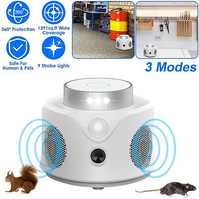 360° Ultrasonic Rodent Repeller Indoor Mice Rat Squirrel Chaser with 3 Modes & 9 Strobe Lights