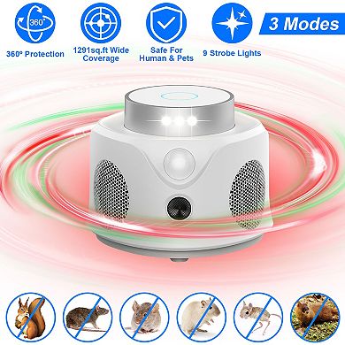 360° Ultrasonic Rodent Repeller Indoor Mice Rat Squirrel Chaser with 3 Modes & 9 Strobe Lights