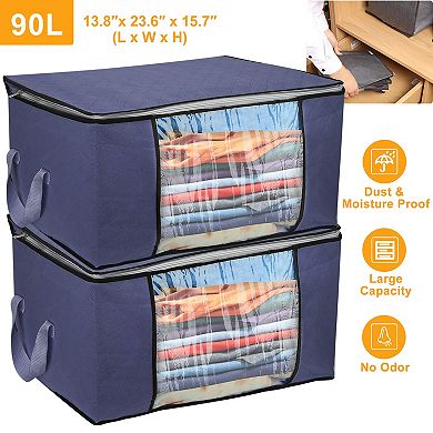 2Pcs 90L Foldable Clothes Storage Bags with Clear Window, Dual-Zipper Closet Organizer