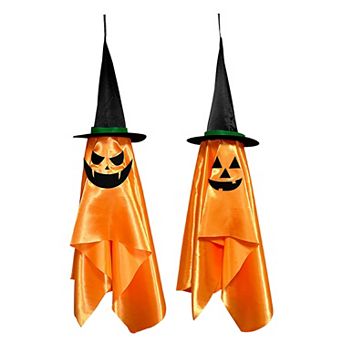 2 Pack Hanging Ghosts with Wizard Hats, Scary Halloween Decorations for Porch, Tree & Eaves