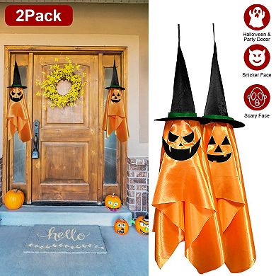 2 Pack Hanging Ghosts with Wizard Hats, Scary Halloween Decorations for Porch, Tree & Eaves