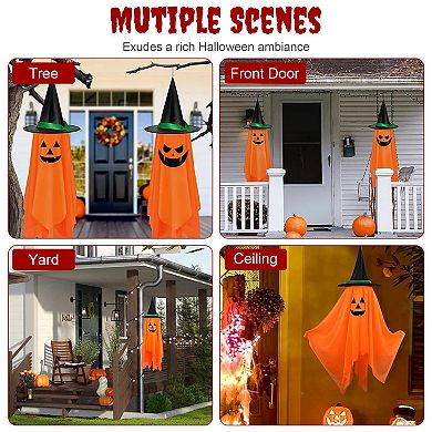 2 Pack Hanging Ghosts with Wizard Hats, Scary Halloween Decorations for Porch, Tree & Eaves