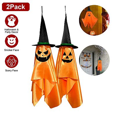 2 Pack Hanging Ghosts with Wizard Hats, Scary Halloween Decorations for Porch, Tree & Eaves