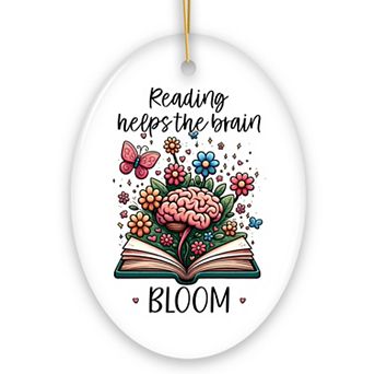 Reading Helps the Brain Bloom Unique Handcrafted Ornament, Booklover with Flowers and Butterflies