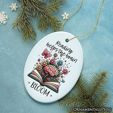 Reading Helps the Brain Bloom Unique Handcrafted Ornament, Booklover with Flowers and Butterflies