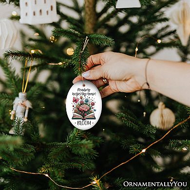 Reading Helps the Brain Bloom Unique Handcrafted Ornament, Booklover with Flowers and Butterflies