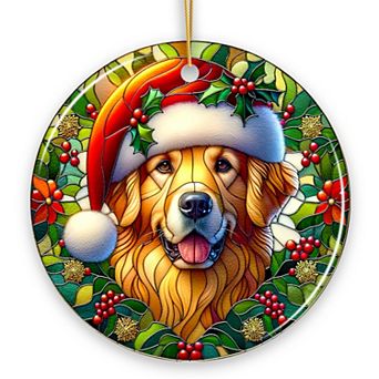 Colorful Golden Retriever Stained Glass Style Ceramic Ornament, Christmas Gift and Decor