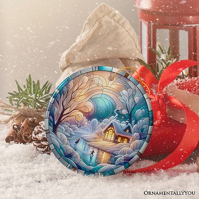 Magical Winter Lake Cabin Ceramic Christmas Ornament, Stained Glass Theme Tree Decor
