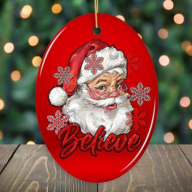 Vintage Believe Santa Christmas Ornament, Oval Version 1