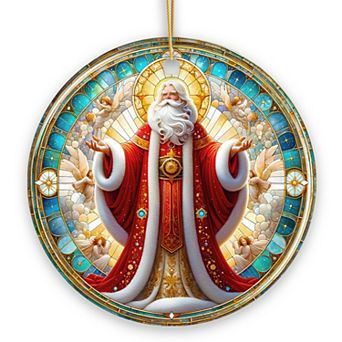 Majestic Holy Santa Stained Glass Themed Ceramic Ornament, Handcrafted Angelic Christmas Decor