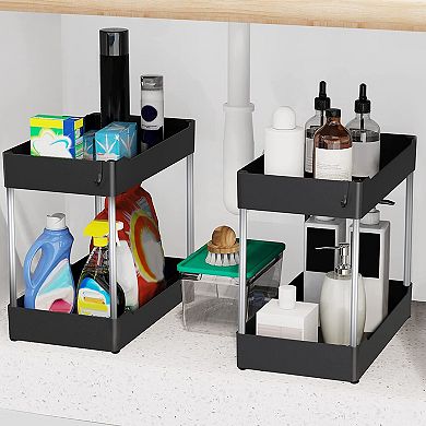 2-Tier Under Sink Shelf Organizer with 4 Hooks, Space-Saving Bathroom Storage Rack