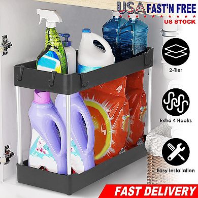 2-Tier Under Sink Shelf Organizer with 4 Hooks, Space-Saving Bathroom Storage Rack