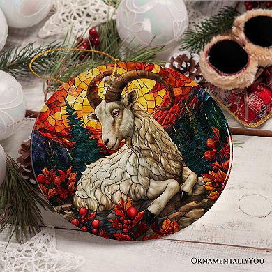 Elegant Goat Stained Glass Theme Ceramic Ornament, Buck and Doe Mountain Animal Decor Version 1